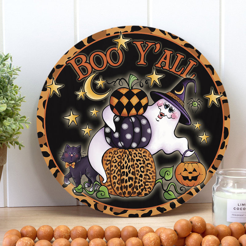 Boo Y'all - Cute Ghost - Leopard Pumpkin - Creepy Halloween Door Hanger - Fall House Decor