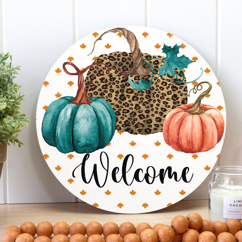 Welcome - Cheetah Pumpkin - Fall Door Hanger Sign - Hello Autumn Thanksgiving Gift Home Decor