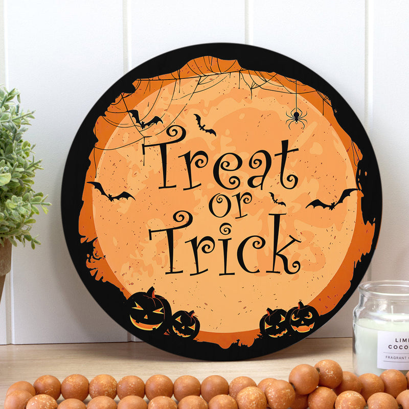 Treat Or Trick - Horrible Pumpkin - Spooky Door Wreath - Halloween Door Hanger Decor