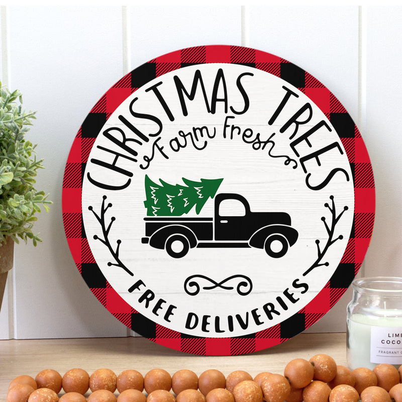 Christmas Trees - Buffalo Plaid Sign - Xmas Truck - Farmhouse Christmas Door Sign Decor