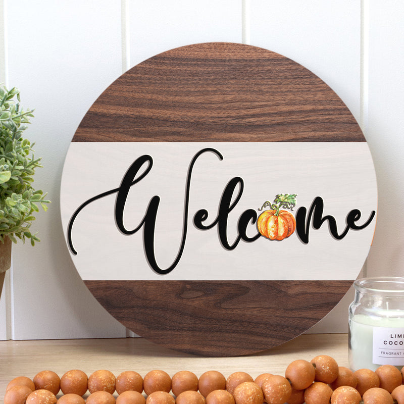 Welcome - Autumn Pumpkin - Wooden Door Hanger Sign - Fall Thanksgiving Housewarming Gift