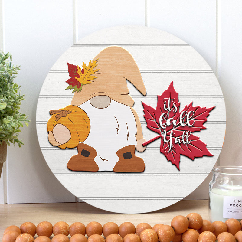 It's Fall Yall Gnome Decor - Wooden Door Hanger Sign - Autumn Thanksgiving Gift Door Wreath