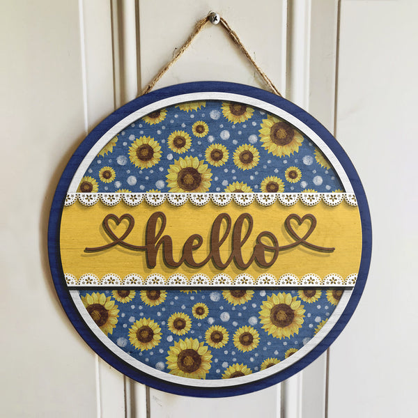 Hello - Sunflower Sign - Polka Dot - Welcome Door Hanger - Rustic Wooden Door Sign Decor