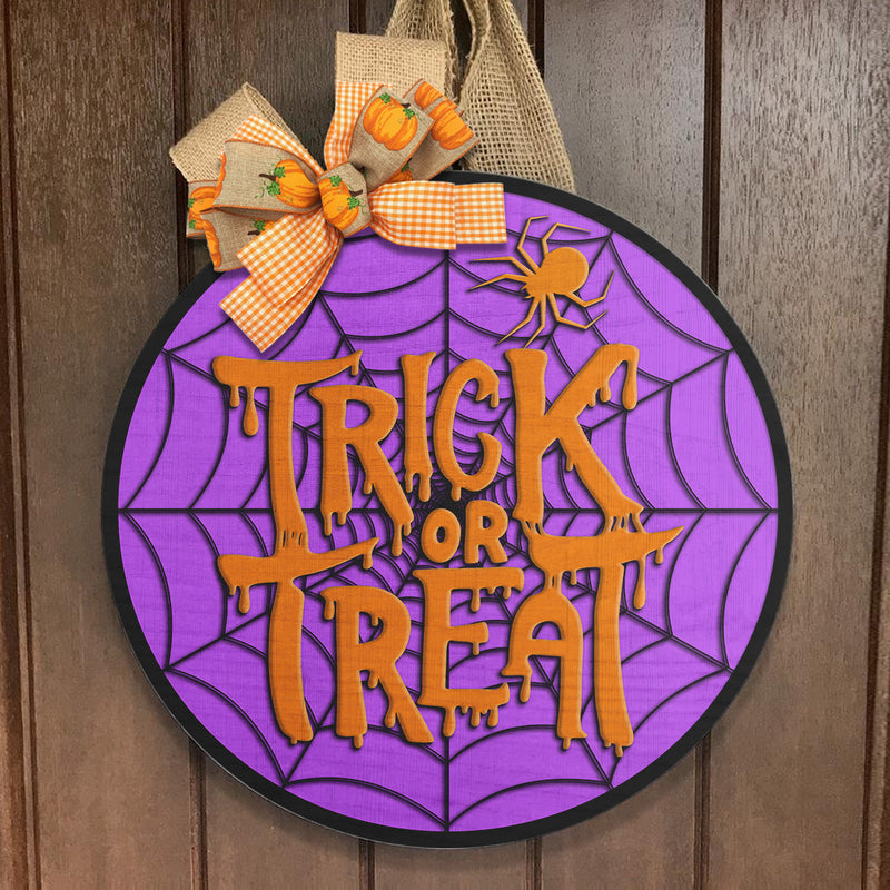 Trick Or Treat - Spider Porch Sign - Spiderweb Door Hanger - Halloween House Decoration