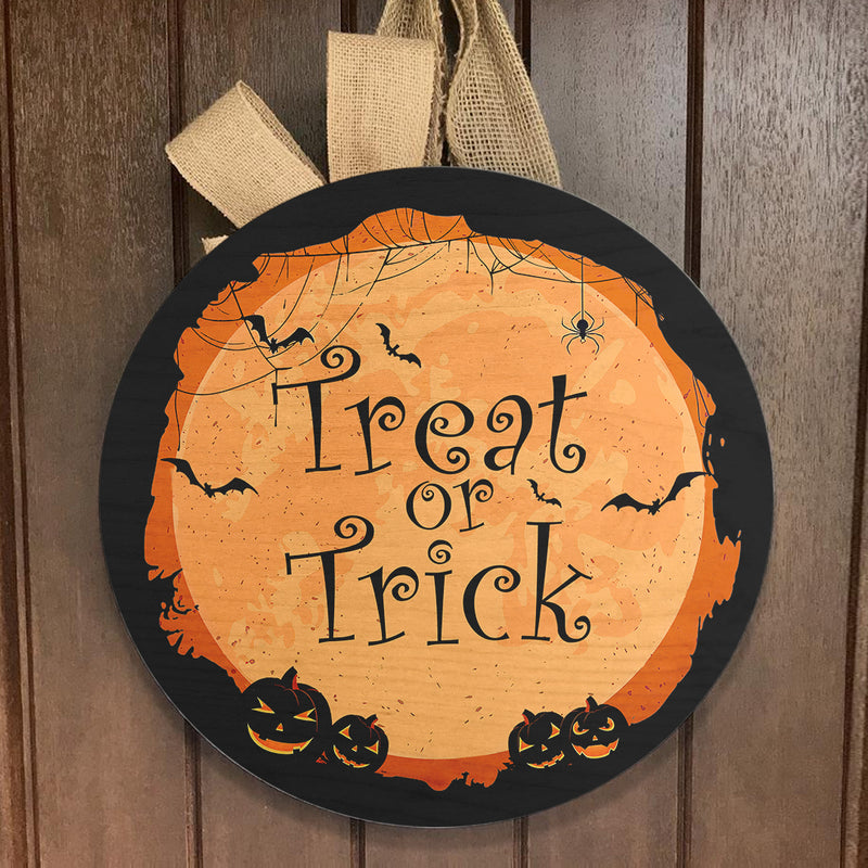 Treat Or Trick - Horrible Pumpkin - Spooky Door Wreath - Halloween Door Hanger Decor