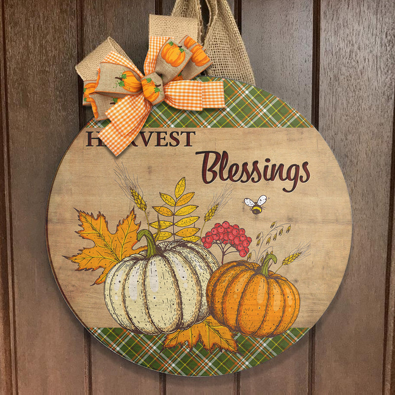 Harvest Blessings - Pumpkin Patch - Plaid Sign - Door Hanger Decor - Thanksgiving Gift