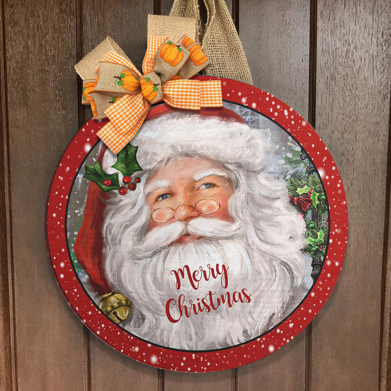 Merry Christmas - Santa Claus Door Sign - Snowflake Wreath - Joyful Christmas Home Decor