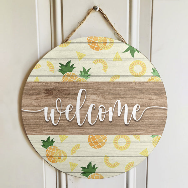 Pineapple Welcome Sign - Tropical Summer Decor - Wooden Door Wreath Hanger - Housewarming Gift