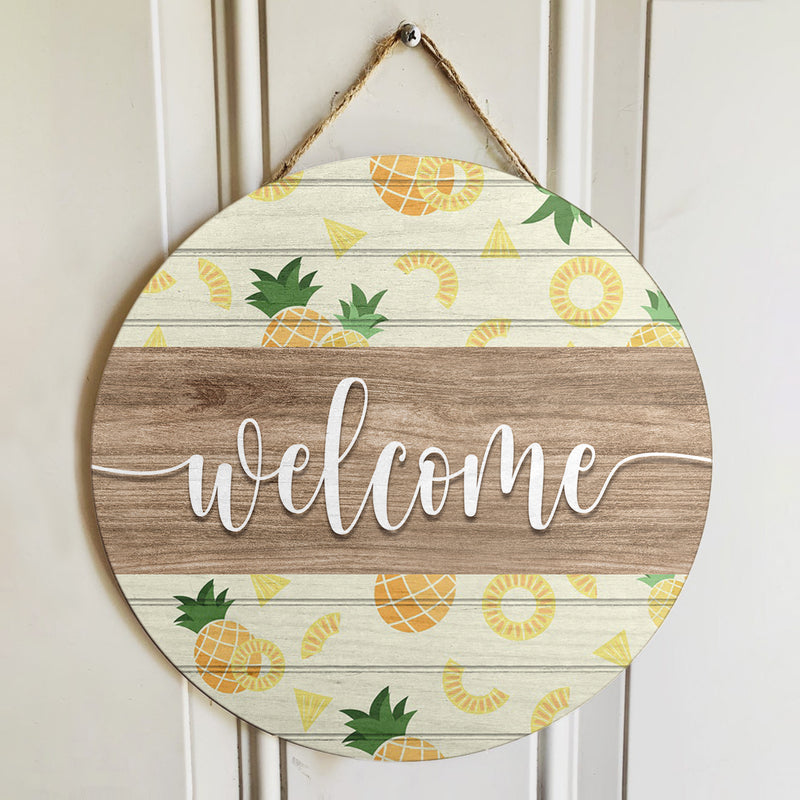 Pineapple Welcome Sign - Tropical Summer Decor - Wooden Door Wreath Hanger - Housewarming Gift