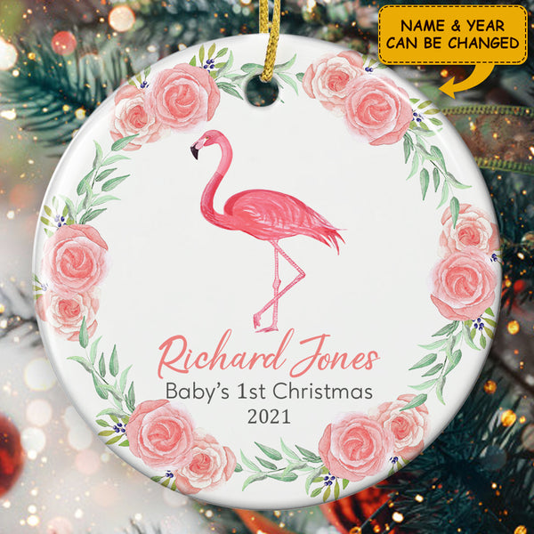 Baby 1st Christmas Ornament - Custom Baby Name Bauble - Flamingo Ornament - Xmas Gift For Baby
