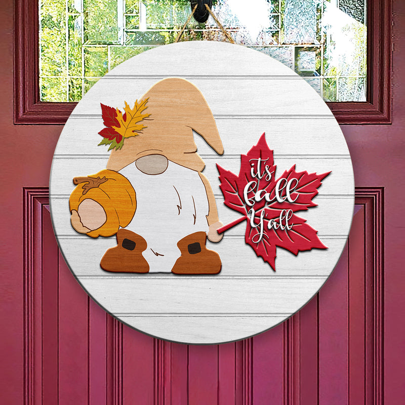 It's Fall Yall Gnome Decor - Wooden Door Hanger Sign - Autumn Thanksgiving Gift Door Wreath