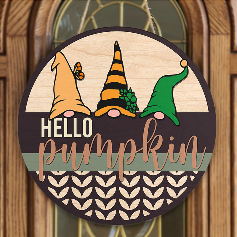 Hello Pumpkin - Gnomies - Halloween Door Hanger Decor - Autumn House Gift - Fall Door Sign