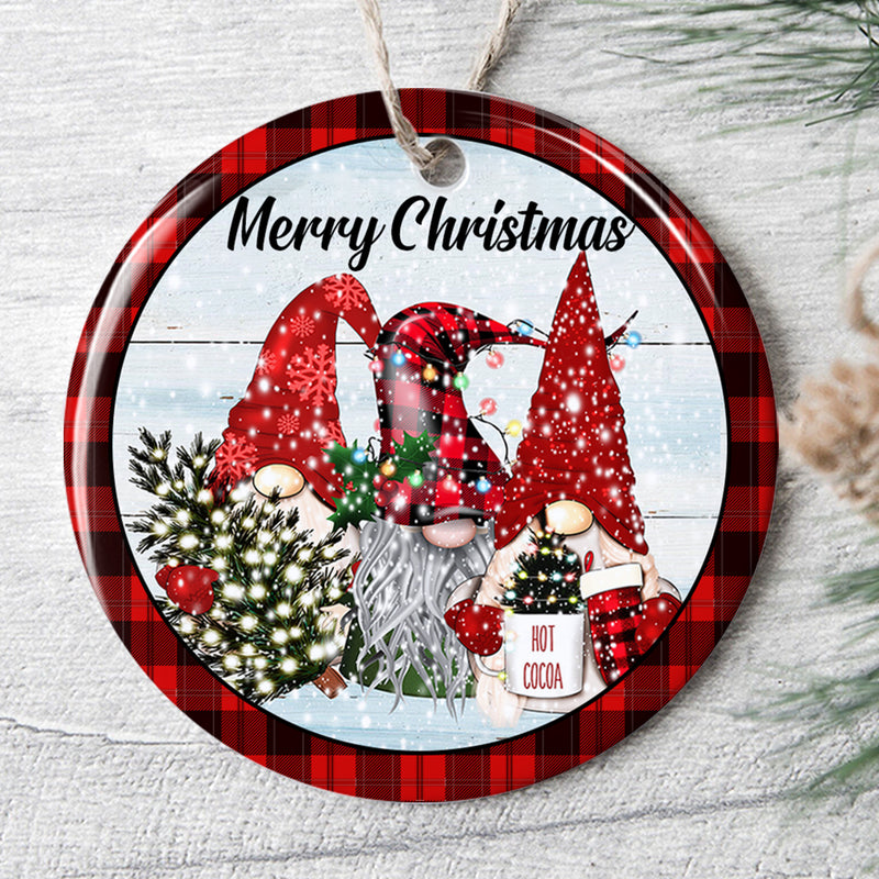 Red Gnomes Decor - Merry Christmas Ornament -  Rustic Ceramic Xmas Tree Keepsake Family Gift