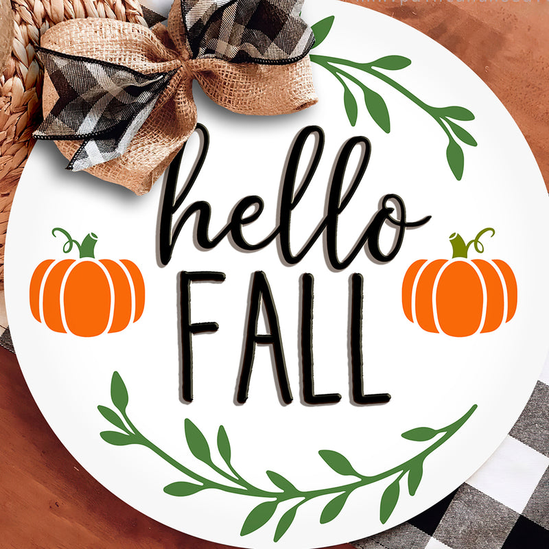 Hello Fall - Lovely Pumpkins & Autumn Leaves - Rustic Home Decor Door Hanger Sign