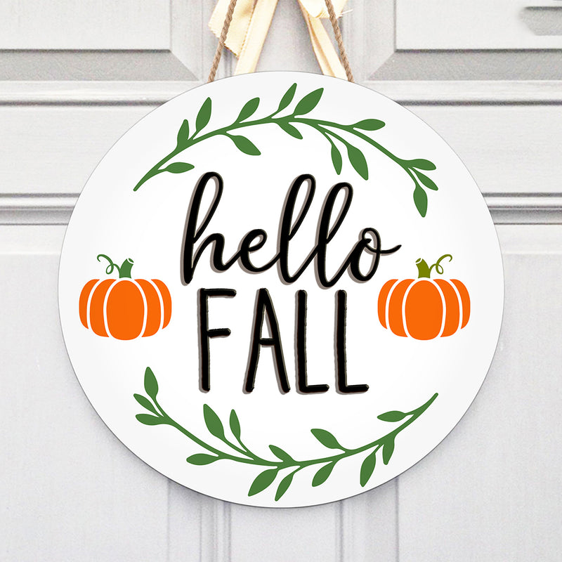 Hello Fall - Lovely Pumpkins & Autumn Leaves - Rustic Home Decor Door Hanger Sign