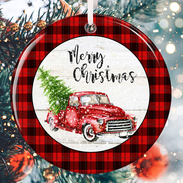 Xmas Red Truck Buffalo Plaid Decor - Christmas Tree Keepsake Housewarming Gift Ornament