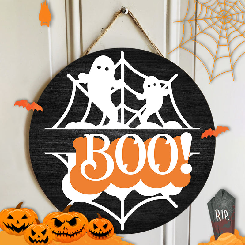 Boo - Cute Ghosts - Spiderweb Door Wreath - Rustic Door Hanger Decor - Halloween Gift