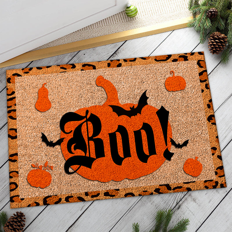 Boo - Happy Halloween Decor - New Home Gift - Rustic Welcome Pumpkin & Spider Rug Doormat