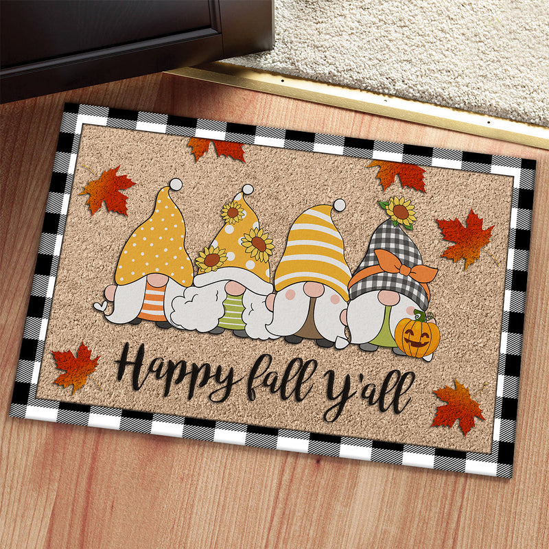 Happy Fall Y'all - Cute Gnomes & Maple Leaves Decor - Autumn Housewarming Gift Plaid Doormat