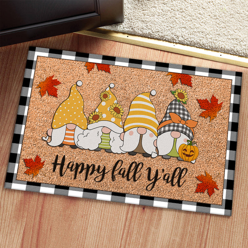 Happy Fall Y'all - Cute Gnomes & Maple Leaves Decor - Autumn Housewarming Gift Plaid Doormat