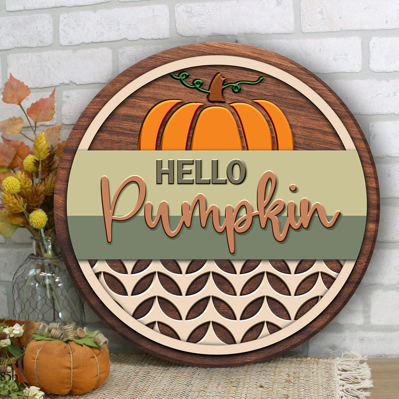 Hello Pumpkin - Autumn Home Room Decor - Wooden Welcome Front Door Hanger Sign