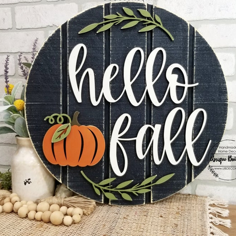 Hello Fall - Little Pumpkin - Welcome Fall Sign - Wooden Door Hanger - Autumn Home Decor