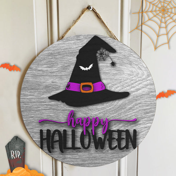 Happy Halloween - Witch Hat - Wooden Door Wreath Hanger Sign Decor - Halloween Gift
