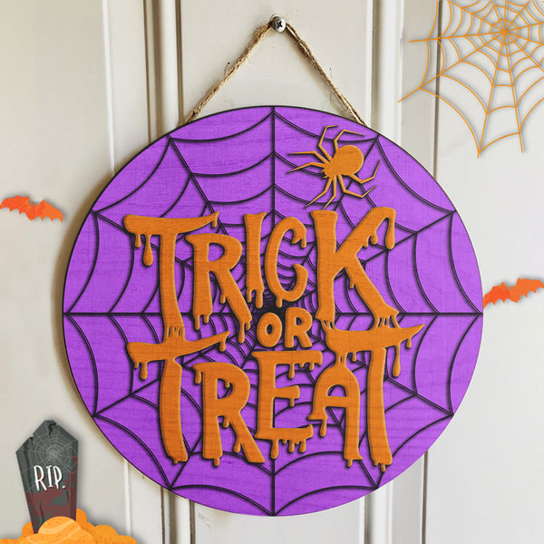 Trick Or Treat - Spider Porch Sign - Spiderweb Door Hanger - Halloween House Decoration