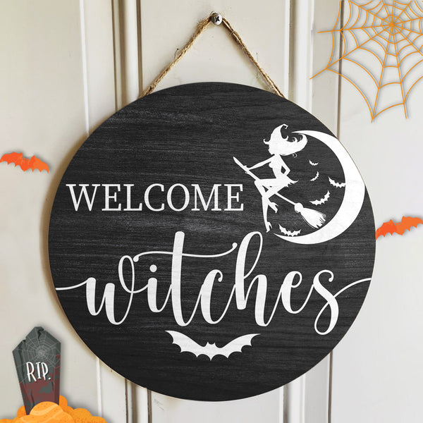 Welcome Witches - Halloween 2021 Home Decor Gift - Rustic Wooden Door Wreath Hanger Sign