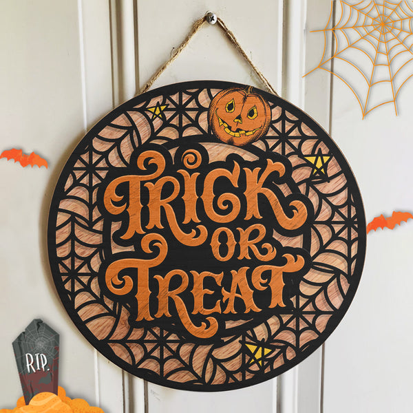 Trick Or Treat - Spider Halloween Sign - Angry Pumpkin Patch - Rustic Door Hanger Decor