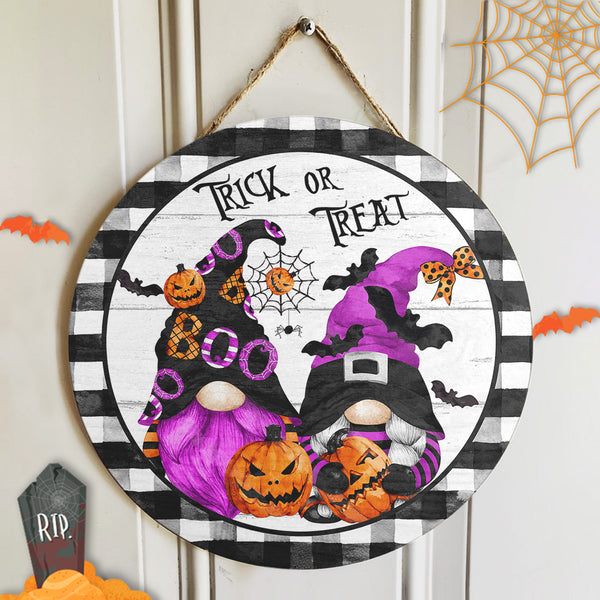 Trick Or Treat - Gnomies Sign - Plaid Decor - Door Wreath Hanger Sign - Halloween Gift