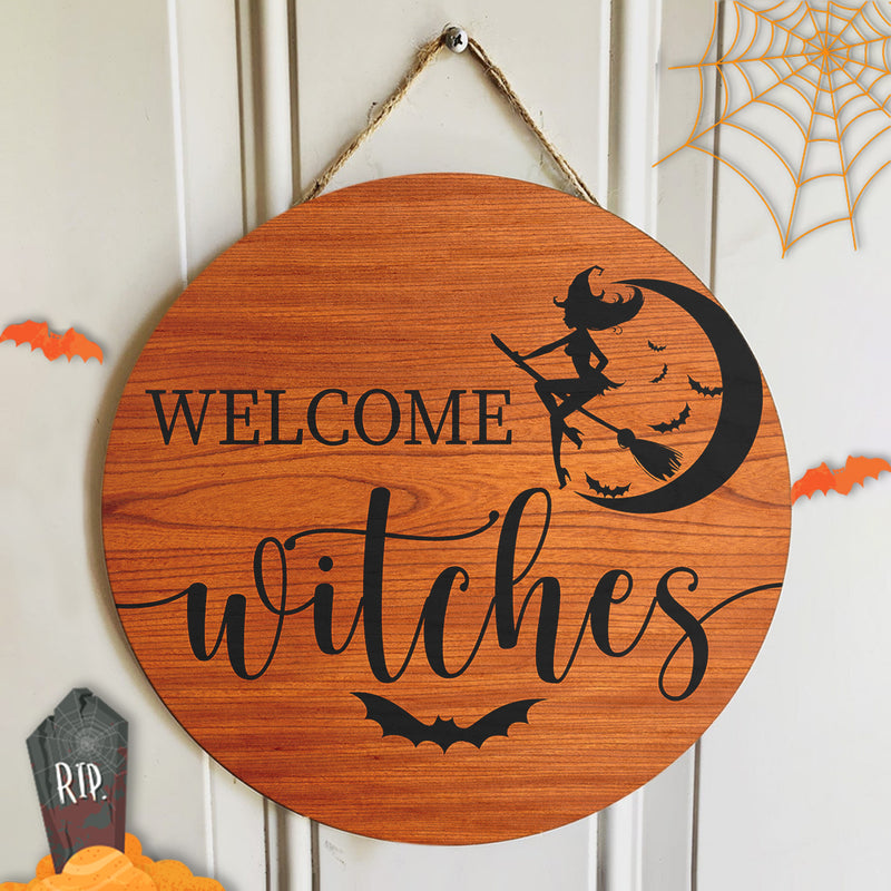 Welcome Witches - Halloween 2021 Home Decor Gift - Rustic Wooden Door Wreath Hanger Sign