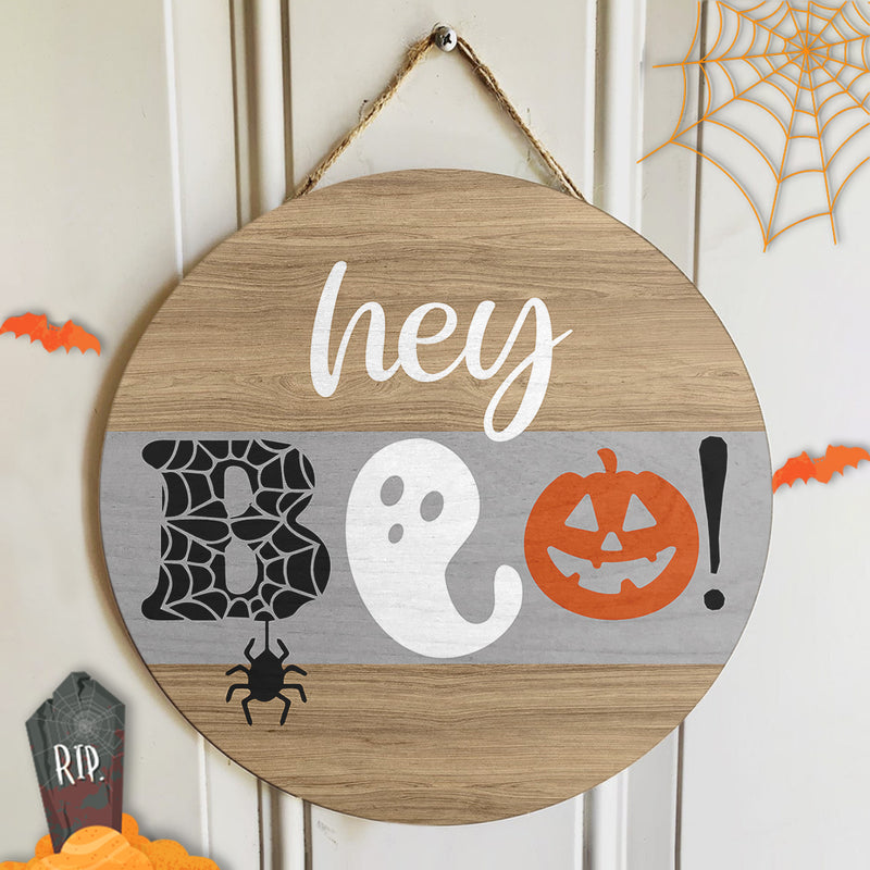 Hey Boo - Spider Ghost Pumpkin Decoration - Halloween Door Hanger Sign - Halloween Home Decor