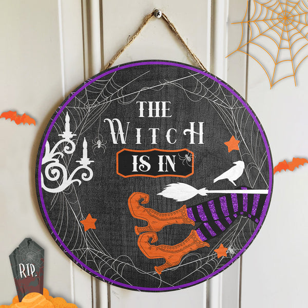 The Witch Is In - Spooky Halloween Home Decor - Halloween 2021 Welcome Door Wreath Hanger Sign