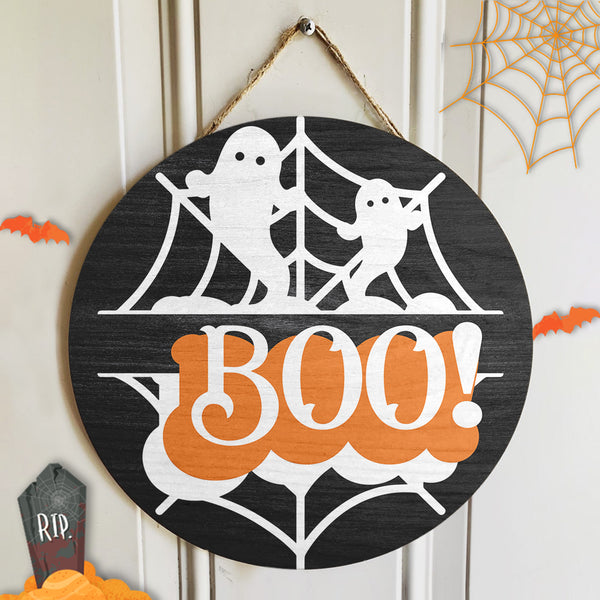 Boo - Cute Ghosts - Spiderweb Door Wreath - Rustic Door Hanger Decor - Halloween Gift