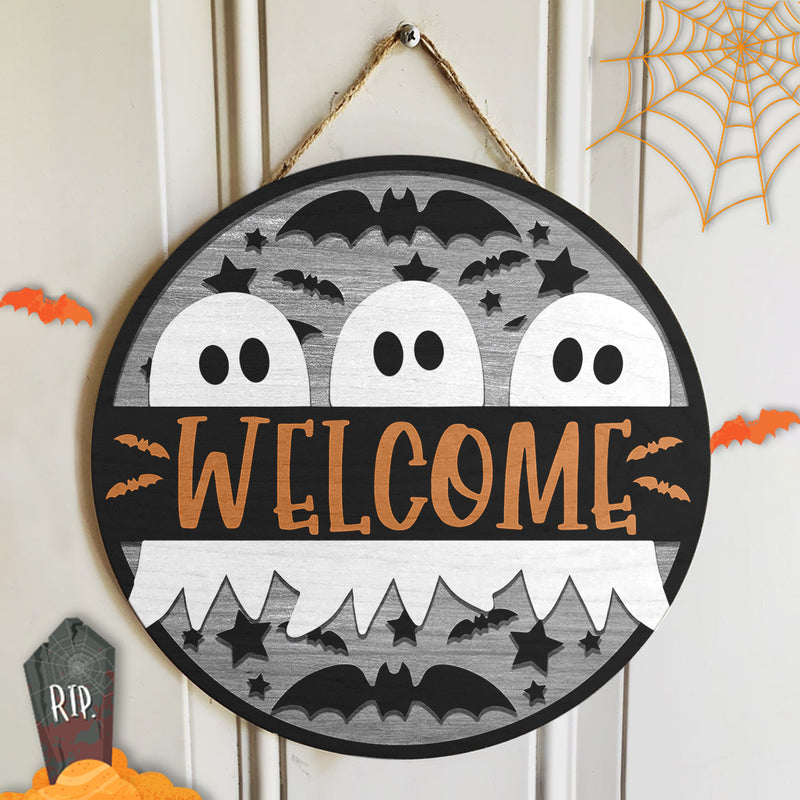 Welcome - Cute Boo - Halloween Party - Wooden Door Hanger Sign Decor - Halloween Gift