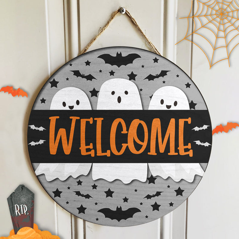 Welcome - Cute Ghosts - Welcome Halloween Door Sign - Horror Halloween House Decor