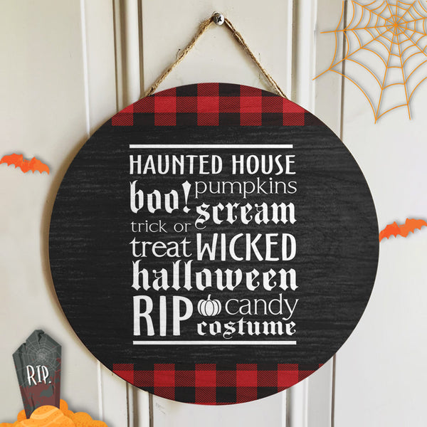 Haunted House Boo - Plaid Sign - Leopard Sign - Rustic Door Hanger Decor - Halloween Gift