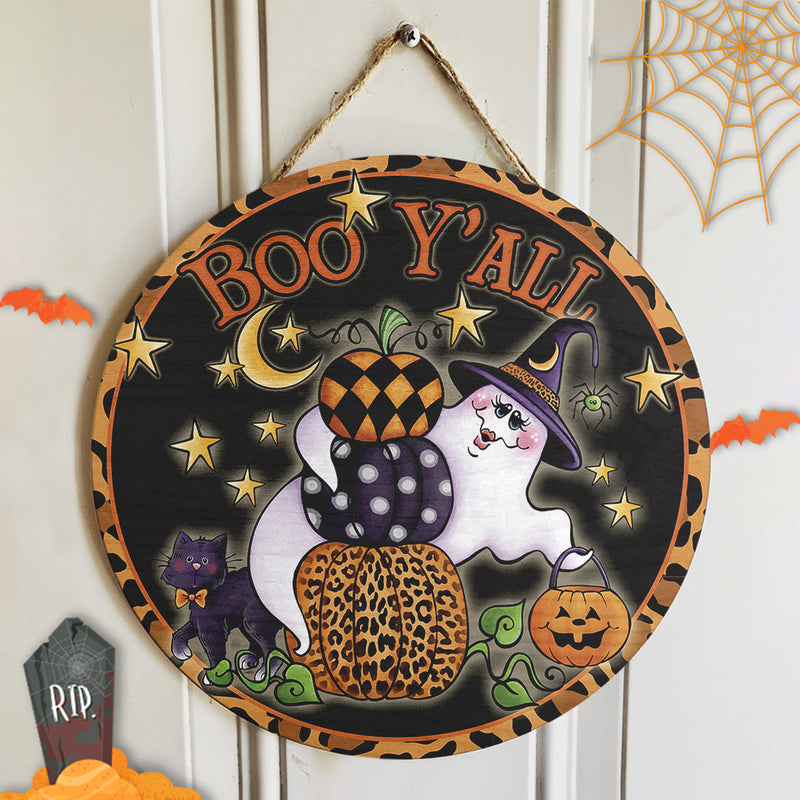 Boo Y'all - Cute Ghost - Leopard Pumpkin - Creepy Halloween Door Hanger - Fall House Decor