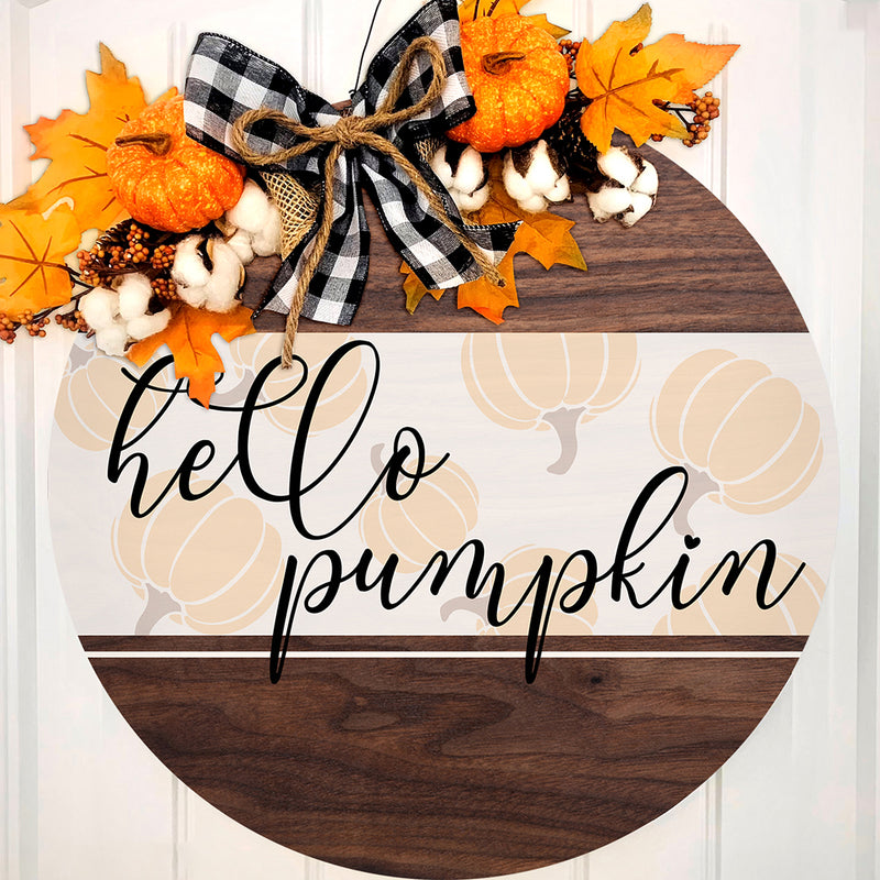 Hello Pumpkin - Pumpkin Decor - Wooden Door Wreath Hanger Sign - Fall Housewarming Gift