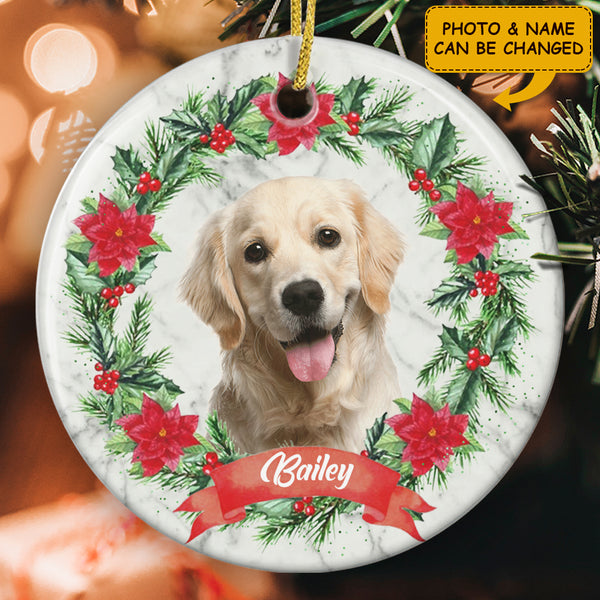 Pet Wreath Ornament - Xmas Custom Pet Photo & Name Bauble - Dog Lovers Gift - Christmas Tree Decor