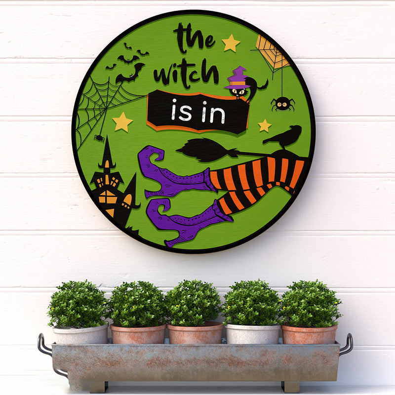 The Witch Is In - Spooky Halloween Home Decor - Halloween Wooden Door Wreath Hanger Sign