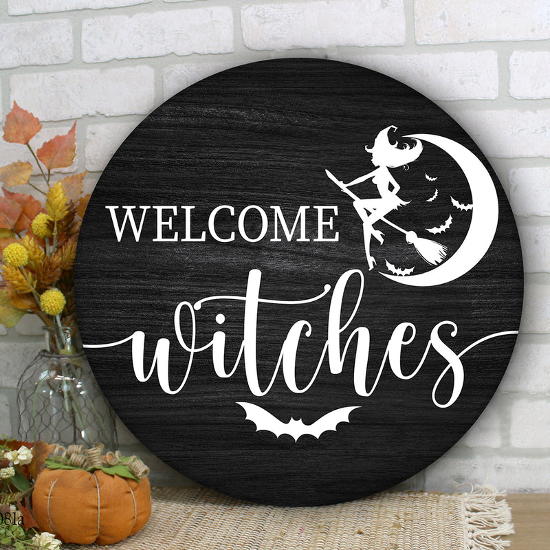 Welcome Witches - Halloween 2021 Home Decor Gift - Rustic Wooden Door Wreath Hanger Sign