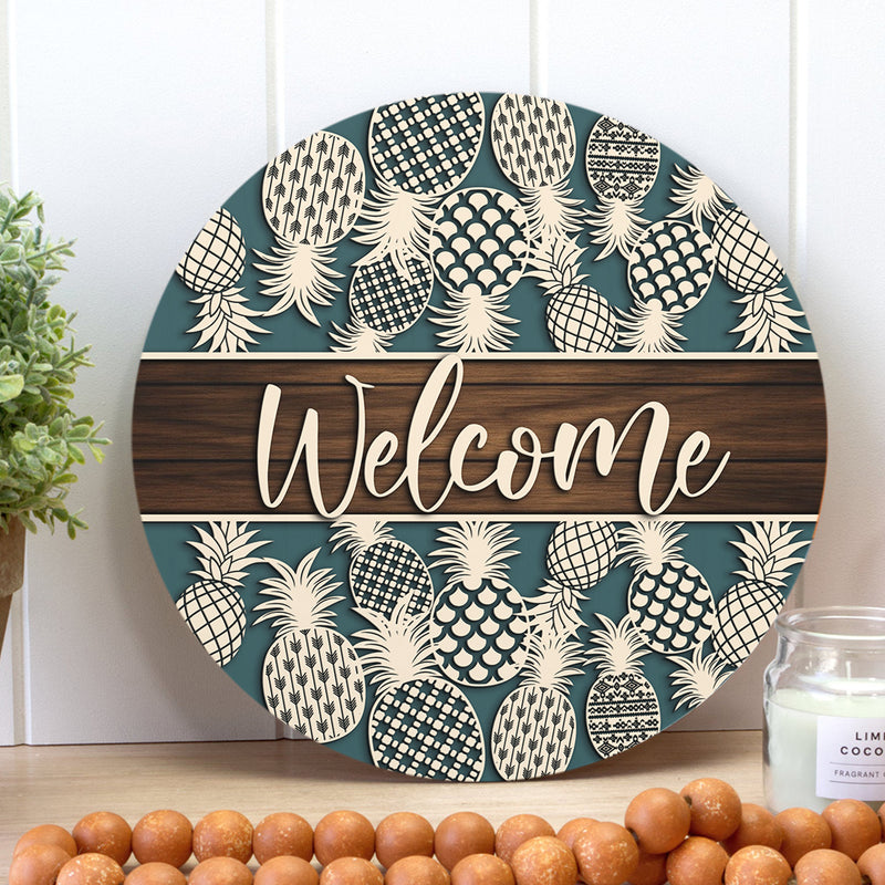 Welcome - Pineapple Door Hanger - Rustic Welcome Door Sign Decor - Housewarming Gift